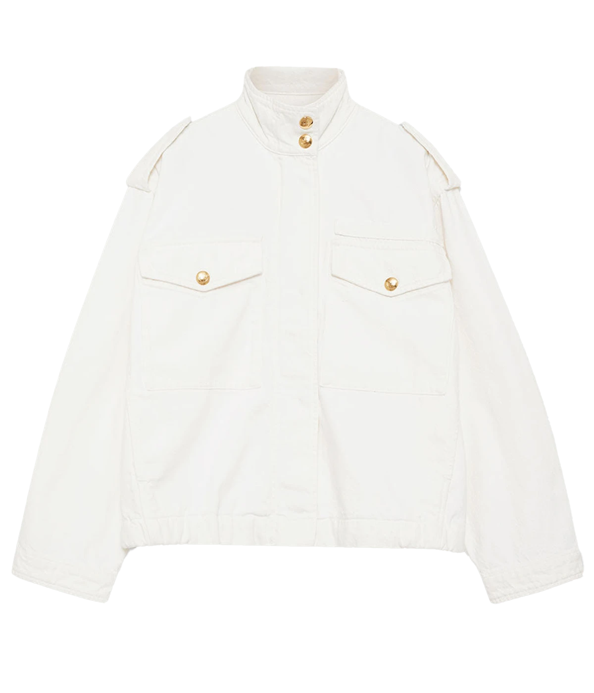 ALT text: Audrey Jacket in organic cotton denim blend with snap button closure and chest flap pockets.