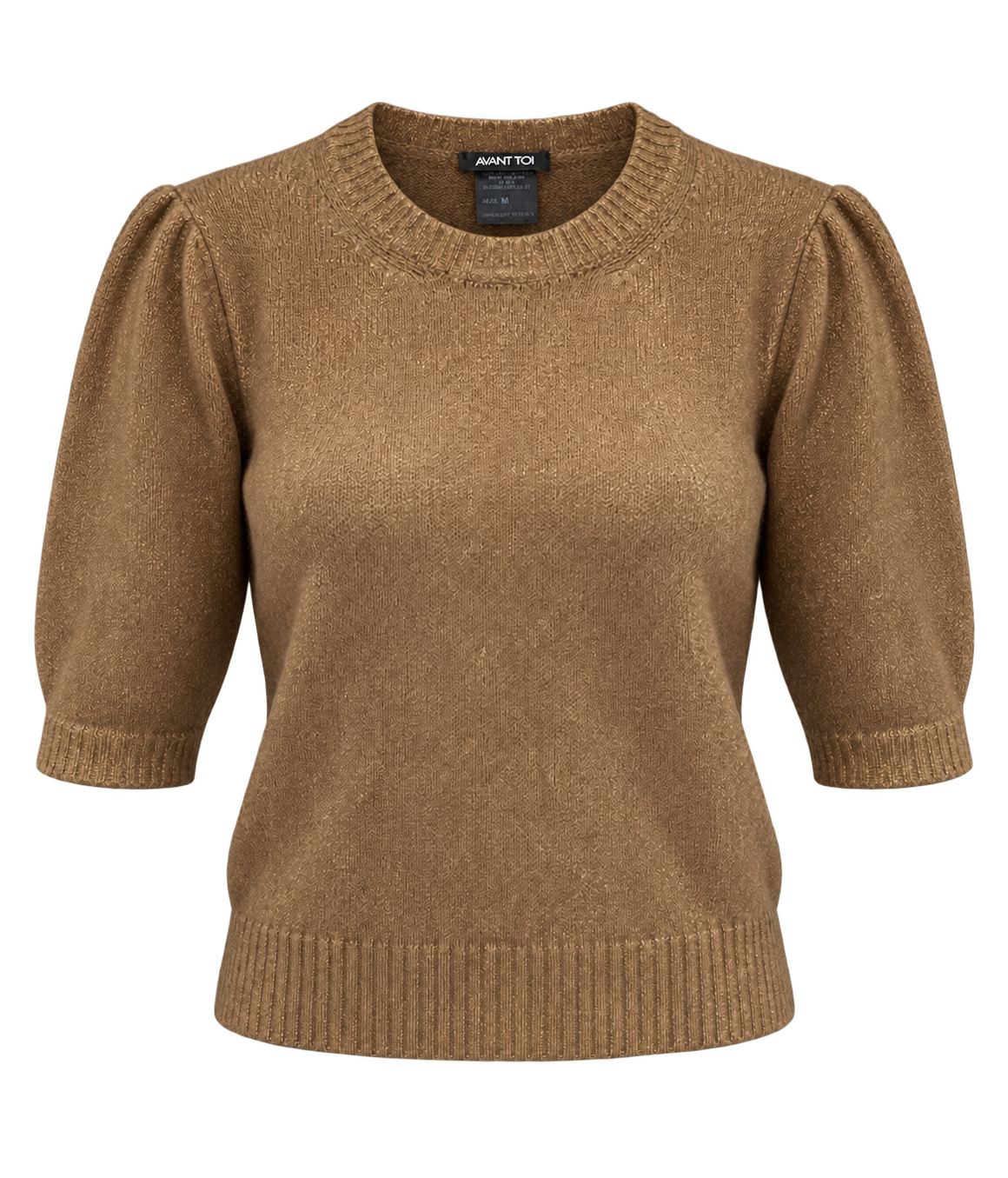Front product view of Avant Toi Cashmere Short Sleeve in Sughero with a hand-painted gold finish and puff sleeves