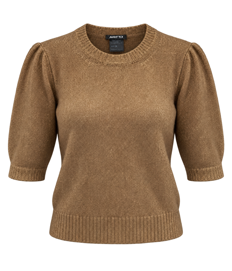 Front product view of Avant Toi Cashmere Short Sleeve in Sughero with a hand-painted gold finish and puff sleeves