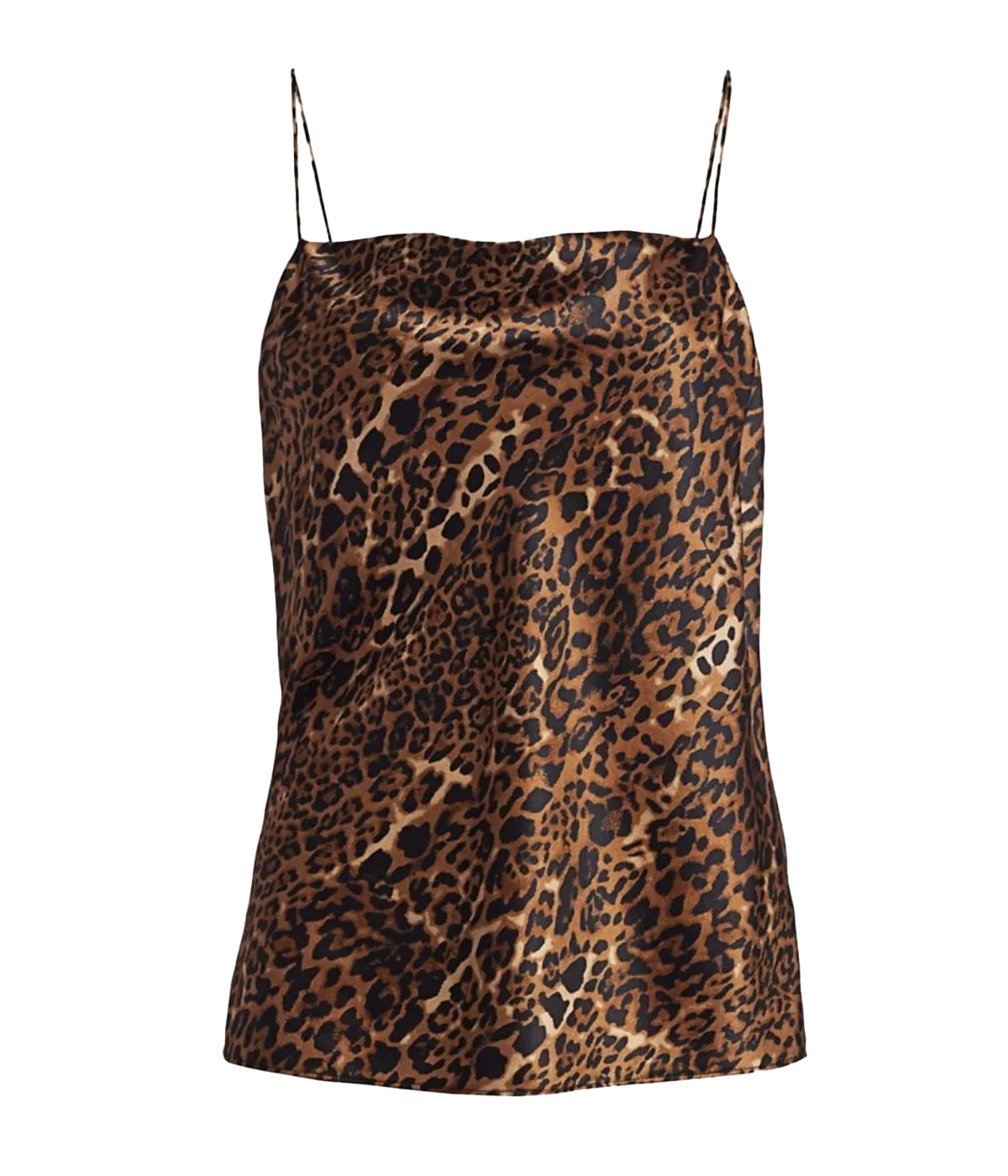 A stand out leopard print 100% silk camisole, cut on the bias, delicate strap and cowl neck. Made internationally, comfortable, bra friendly, 100% silk, adjustable straps, long lunch, trendy. 