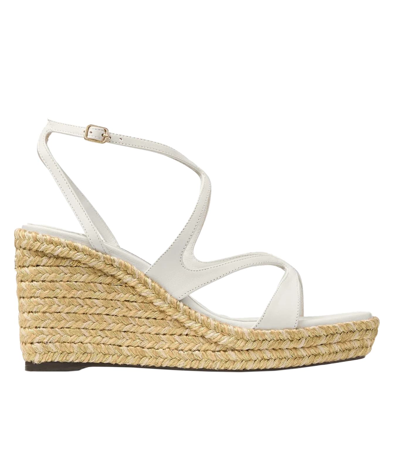 A single white leather wedge sandal with an ankle strap and a thick braided jute platform wedge heel, shown in a side profile on a white background.