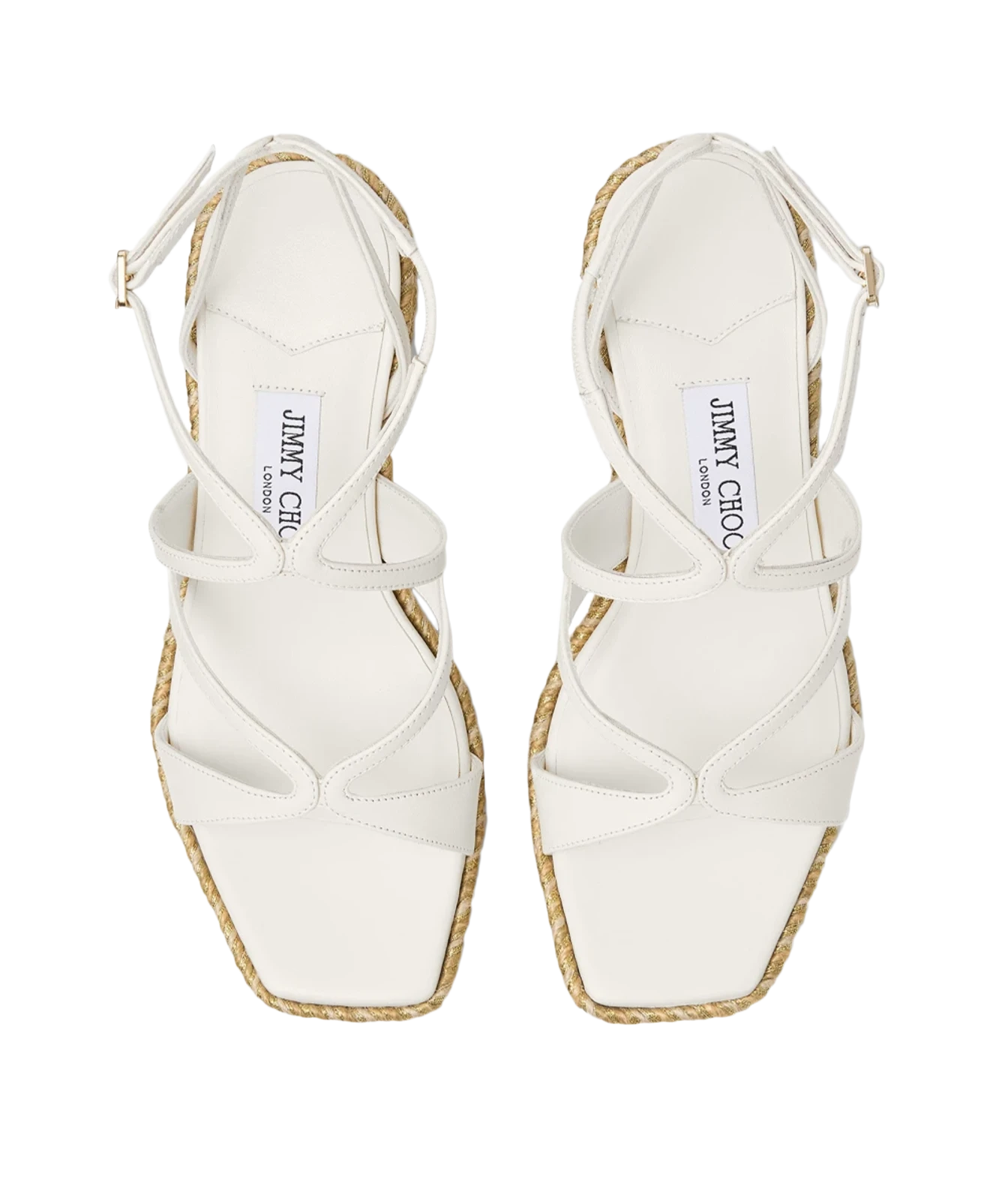 A pair of white leather strappy sandals with espadrille-style woven jute soles, shown from a top-down view on a white background. The Jimmy Choo brand name is visible on the insoles.
