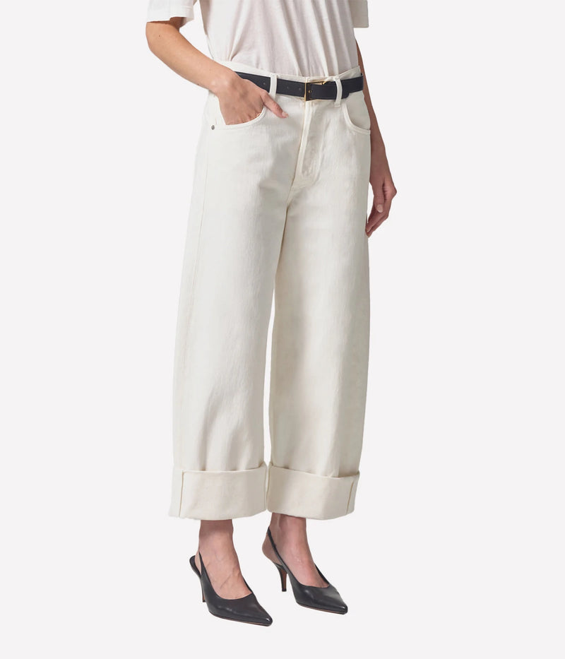 Angled front view of the Ayla Baggy Jean in Pashmina highlighting the relaxed silhouette and structured denim construction.