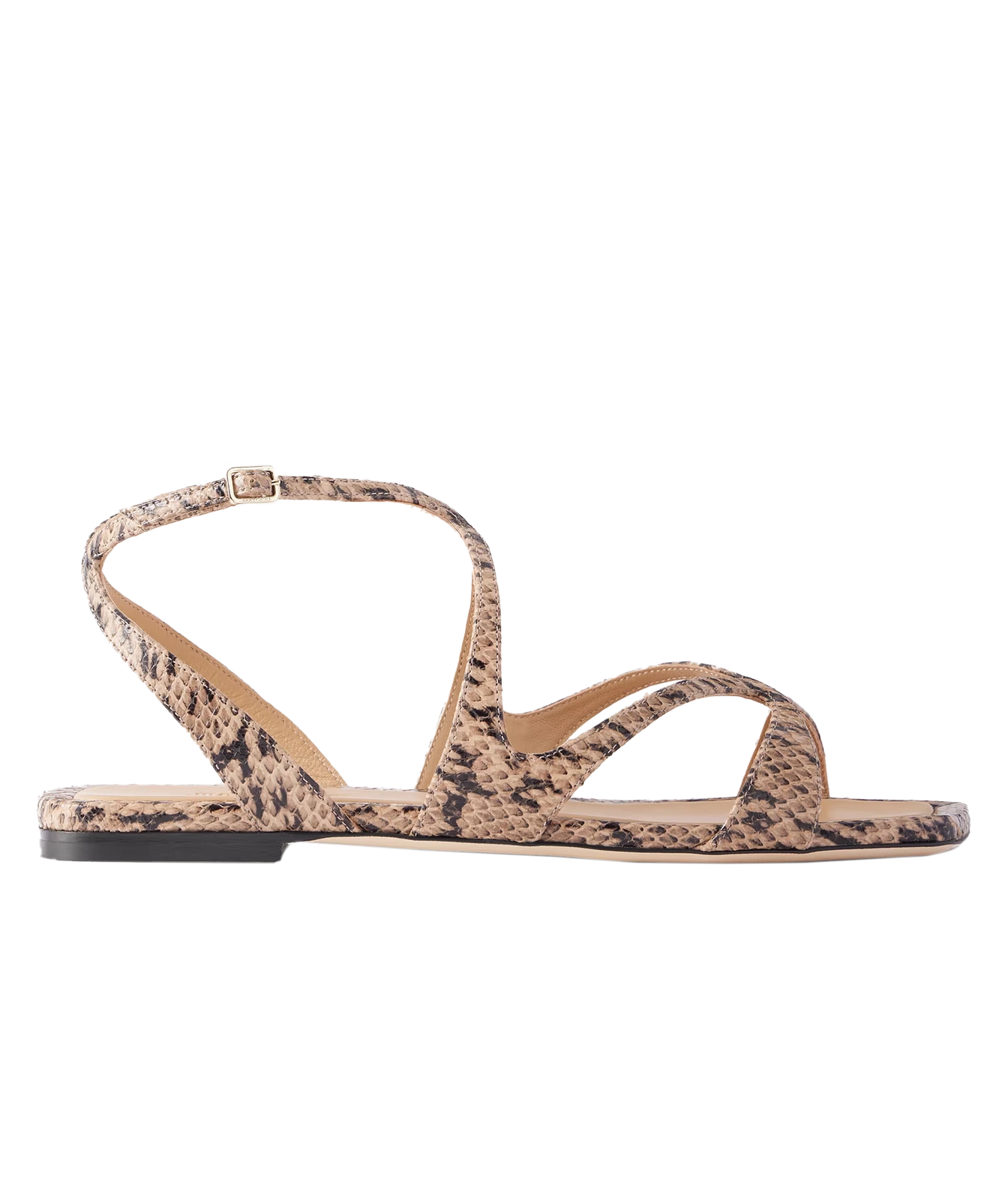 A single flat sandal with a beige and brown snakeskin pattern, featuring thin criss-cross straps and an adjustable ankle strap, shown from a side profile on a white background.