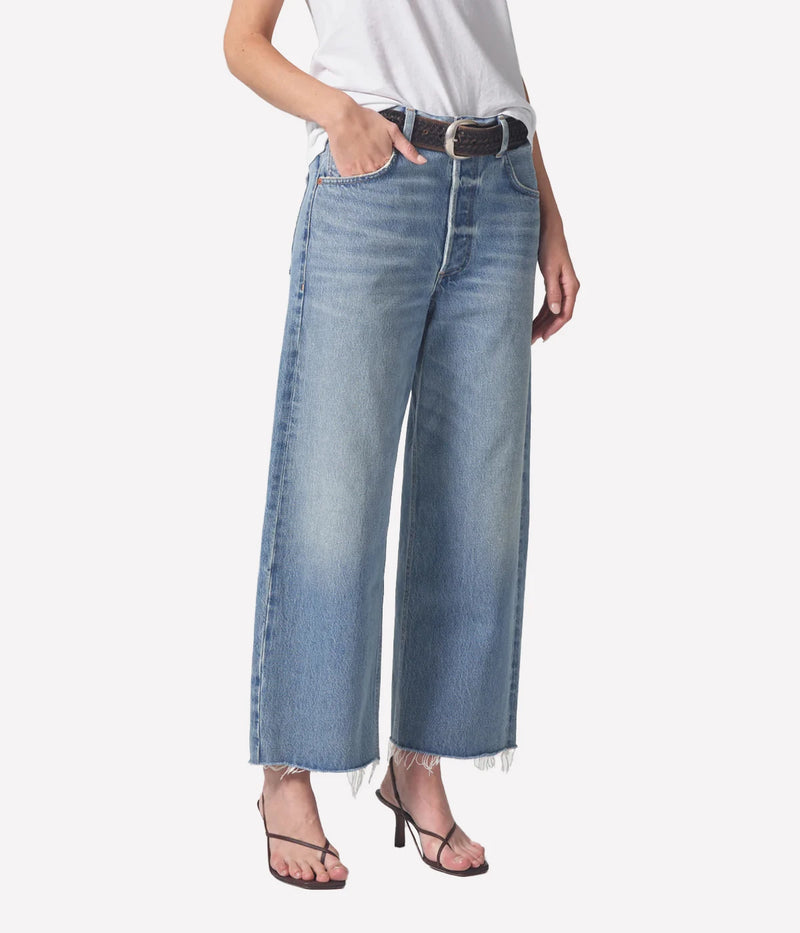 Angled front view of the Ayla Raw Hem Crop Jean in Sodapop highlighting the easy leg shape and vintage-inspired denim wash.