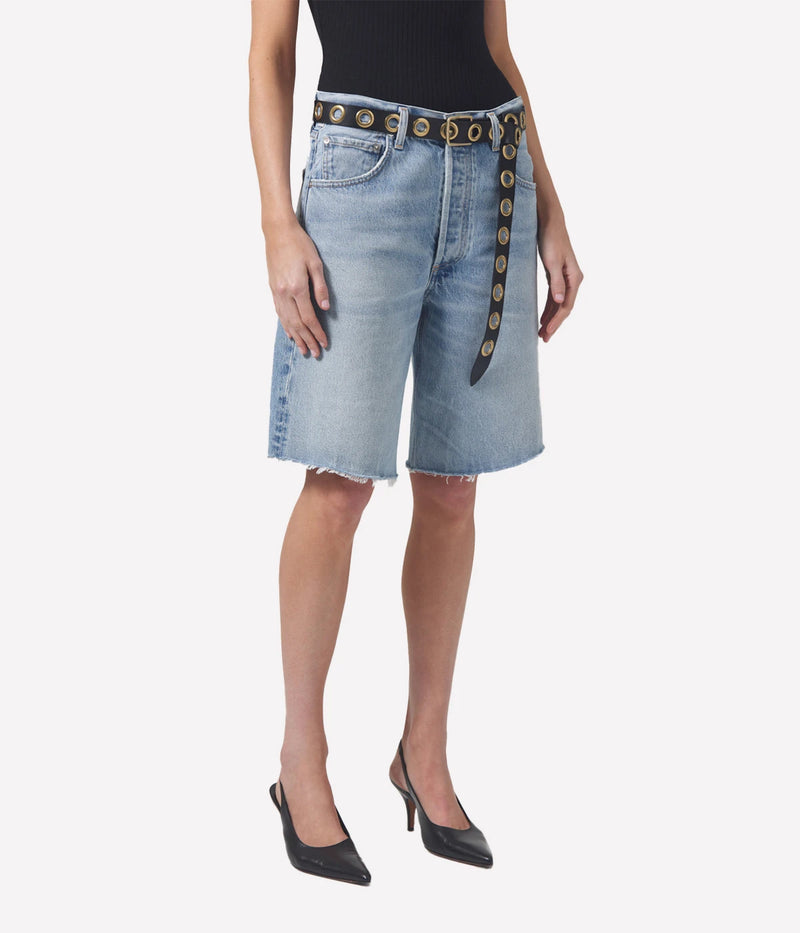 Angled front view of the Ayla Short in Gemini highlighting the relaxed silhouette and classic denim construction.