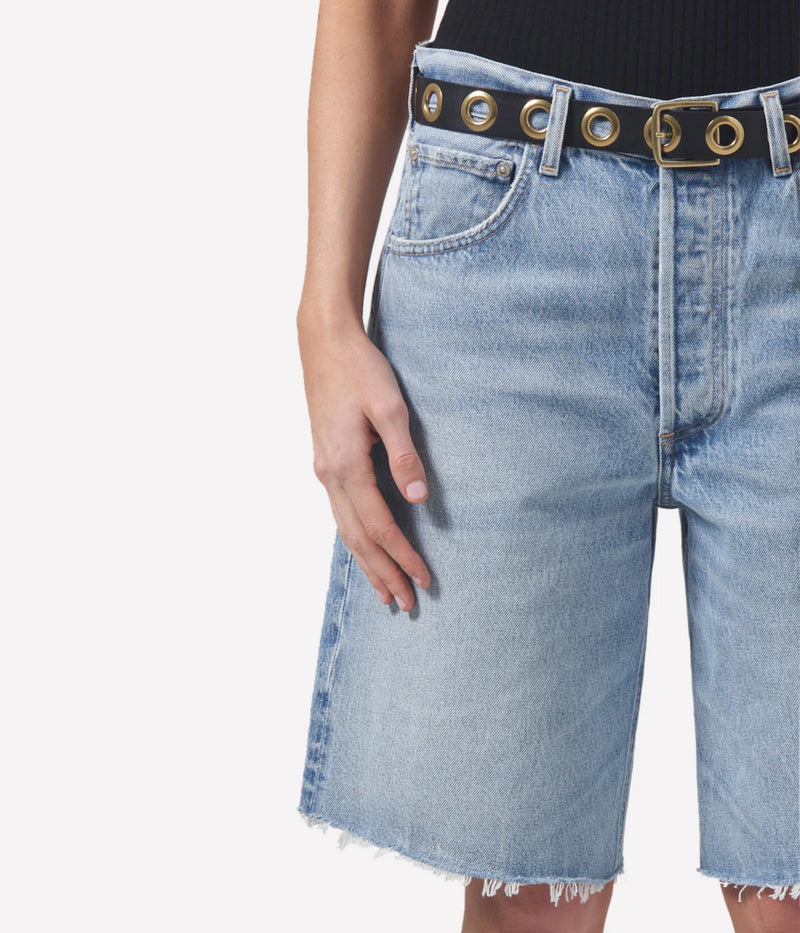 Close-up of the Ayla Short in Gemini showcasing the regenerative cotton denim texture and premium craftsmanship.