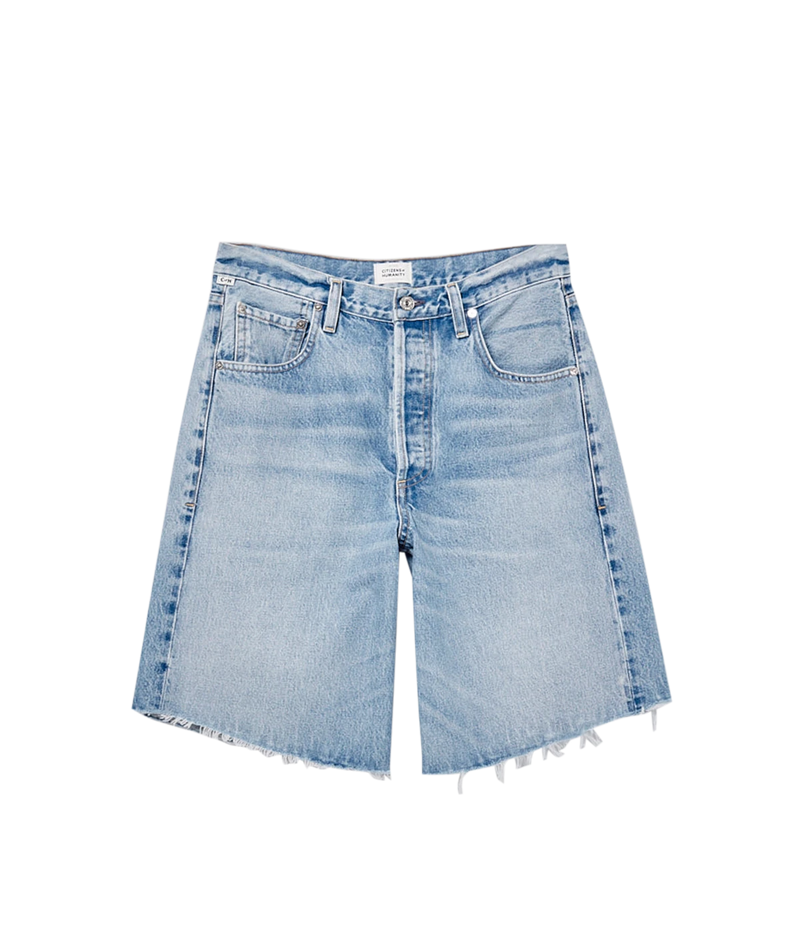 Flat lay view of Citizens of Humanity Ayla Short in Gemini featuring a relaxed silhouette, longer inseam, and premium regenerative cotton denim.