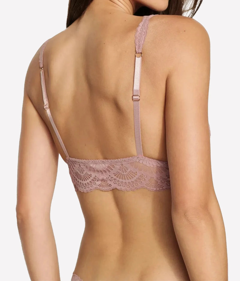 Back view of a model wearing the Eberjey Mariana Bralette in Woodrose, showing the straps and back band