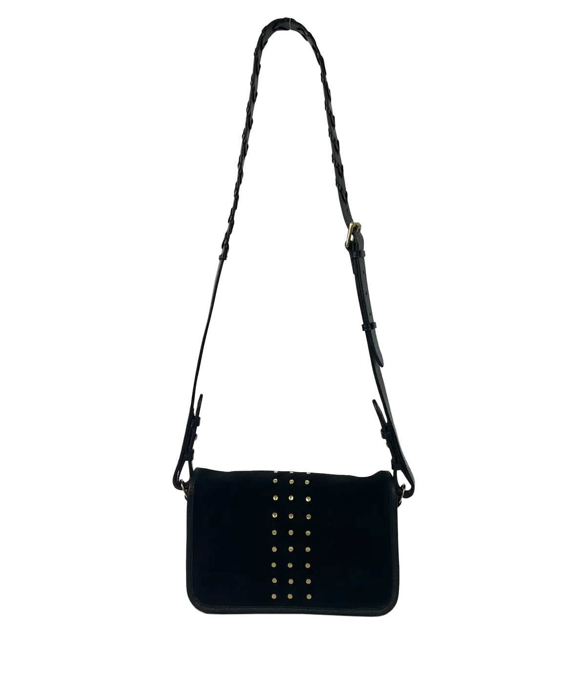 Kempton & Co Mia Suede Stud Shoulder Bag in Black, a compact flap bag in black suede with gold-tone studs and an adjustable strap