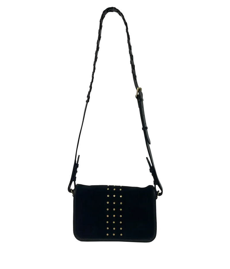 Kempton & Co Mia Suede Stud Shoulder Bag in Black, a compact flap bag in black suede with gold-tone studs and an adjustable strap