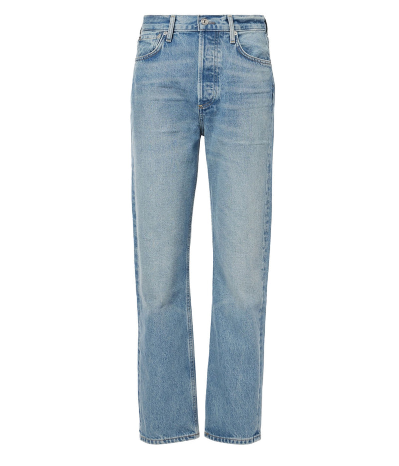 Flat lay view of Citizens of Humanity Blaine Jean in Gemini featuring a high-rise waist, straight-leg silhouette, and light indigo wash.