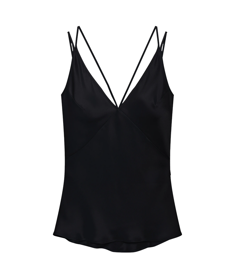 A black satin camisole top with thin double spaghetti straps and a V-neckline, displayed on a clean white background.