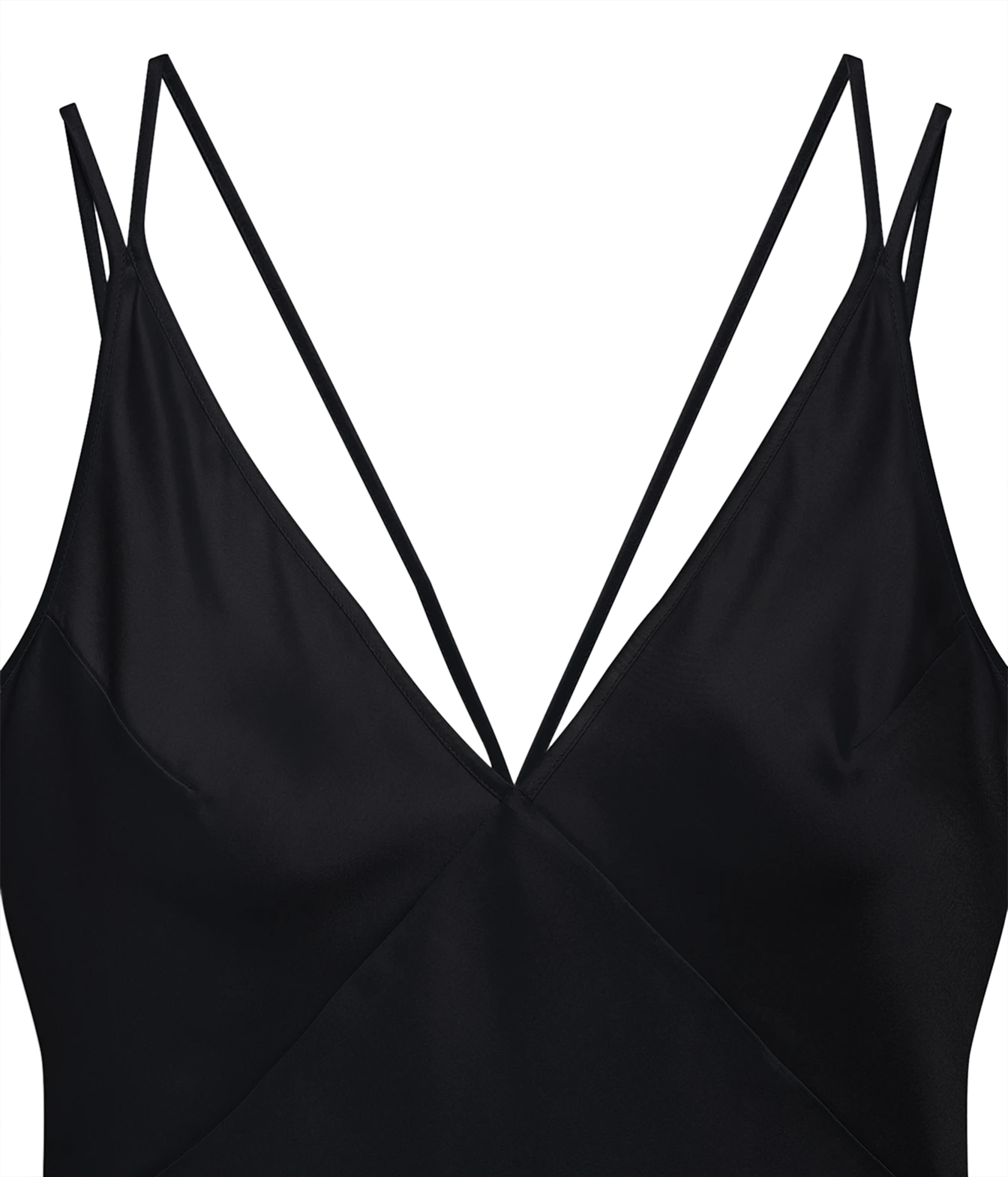 Close-up of a black satin camisole top with thin double spaghetti straps and a V-neckline, shown against a plain white background.