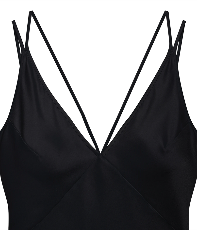 Close-up of a black satin camisole top with thin double spaghetti straps and a V-neckline, shown against a plain white background.