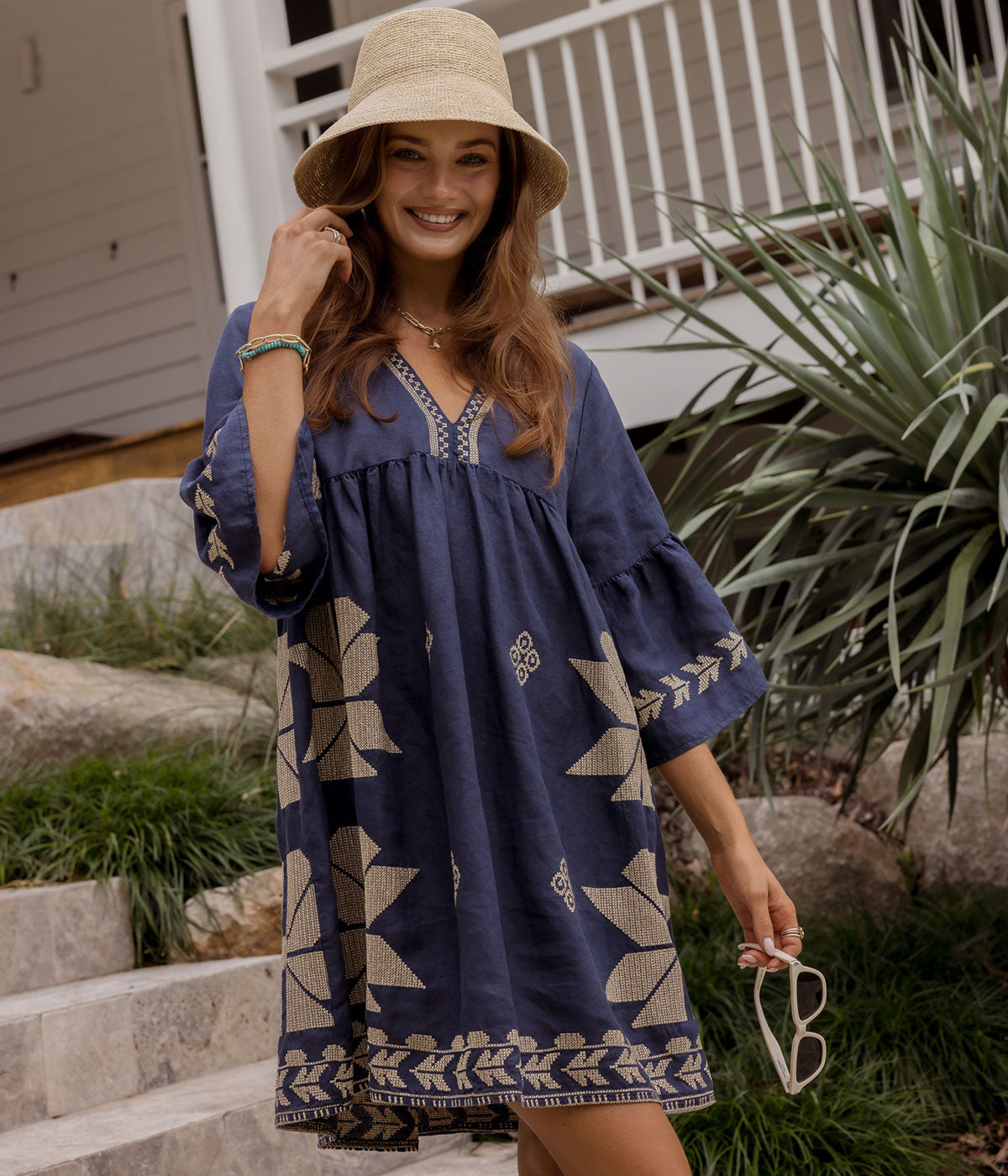 Short Aeolis Bell Sleeve Dress in Navy Blue Gold