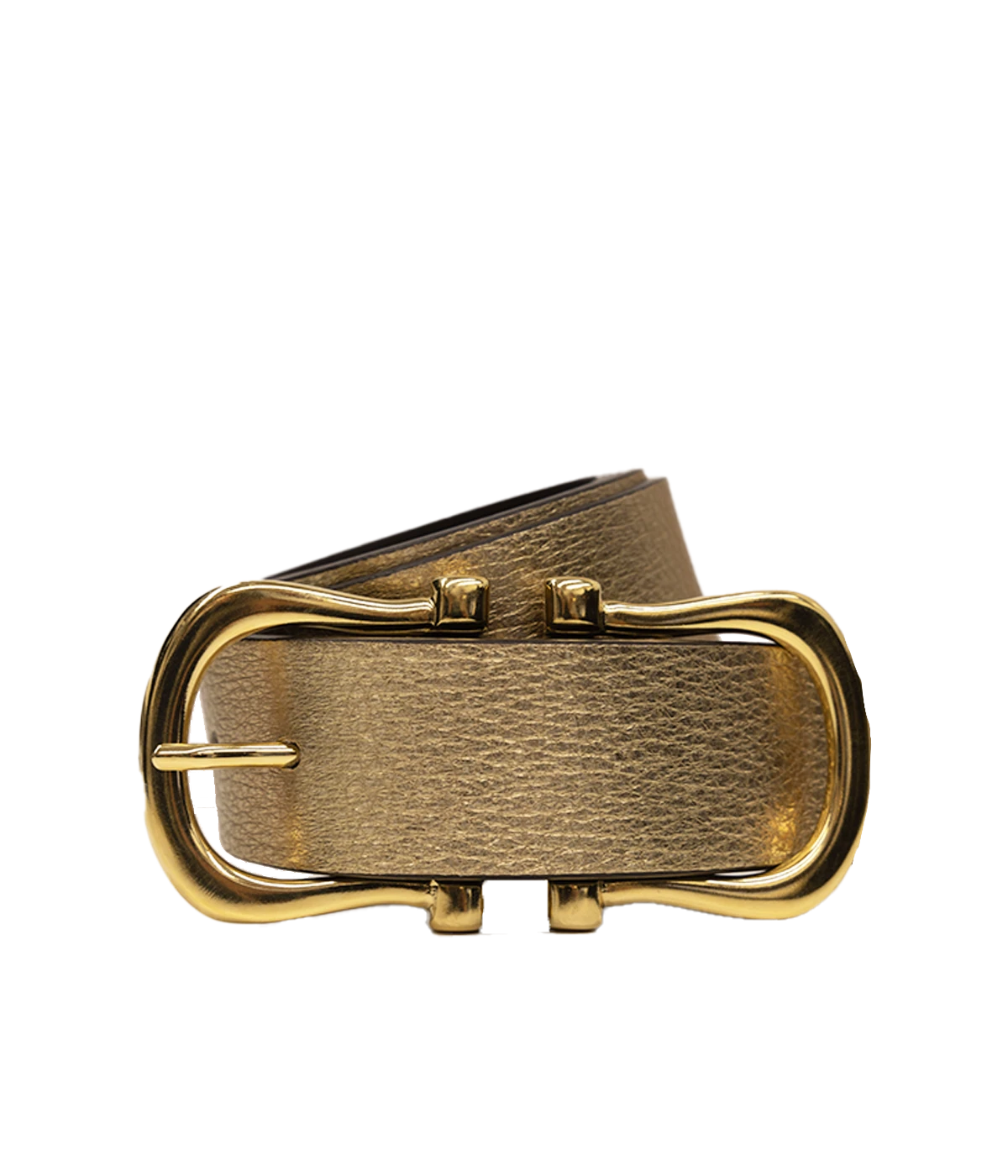 Gold-tone buckle belt with pebbled leather and a sleek, minimal design, perfect for cinching the waist.