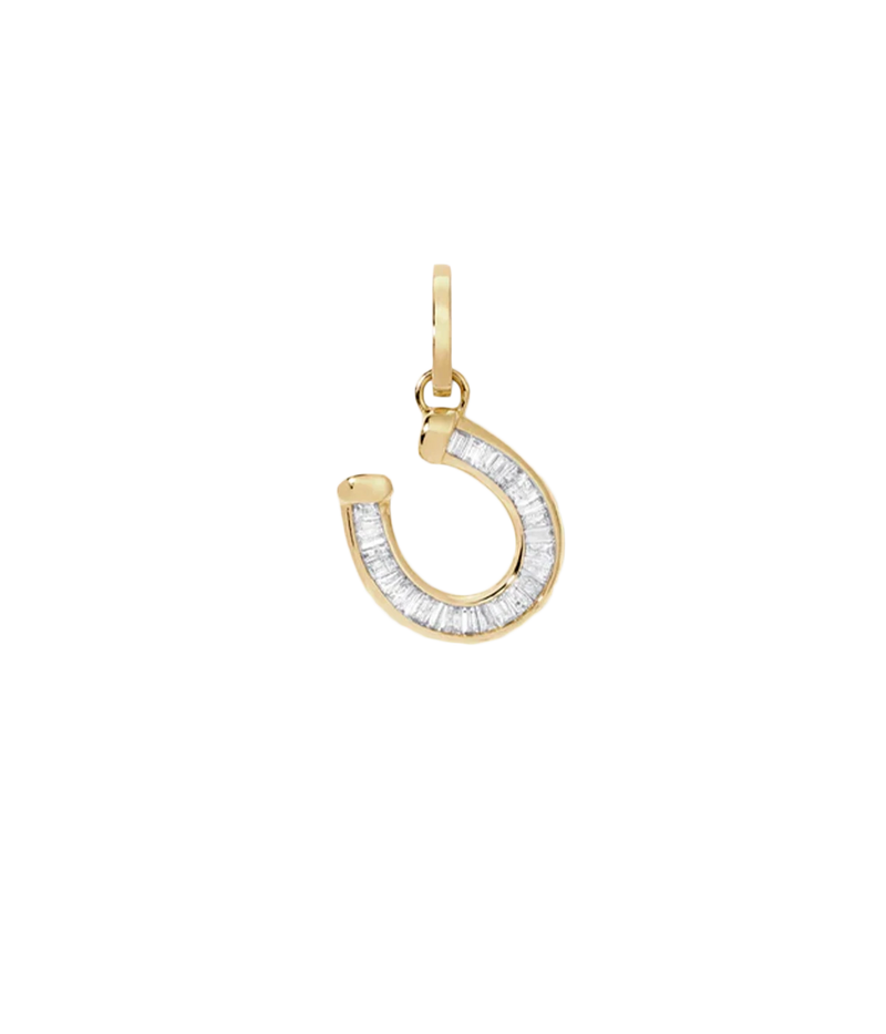 Adina Reyter Baguette Horseshoe Charm in 14k Yellow Gold on its own, showing the gold horseshoe lined with baguette diamonds and the small hinged bail
