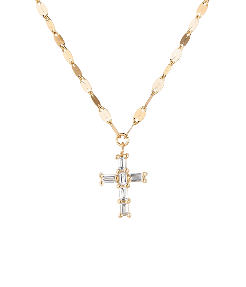 LANA Baguette Cut Diamond Mini Cross Pendant Necklace in Yellow Gold laid flat, with a small baguette diamond cross on a flat-link gold chain