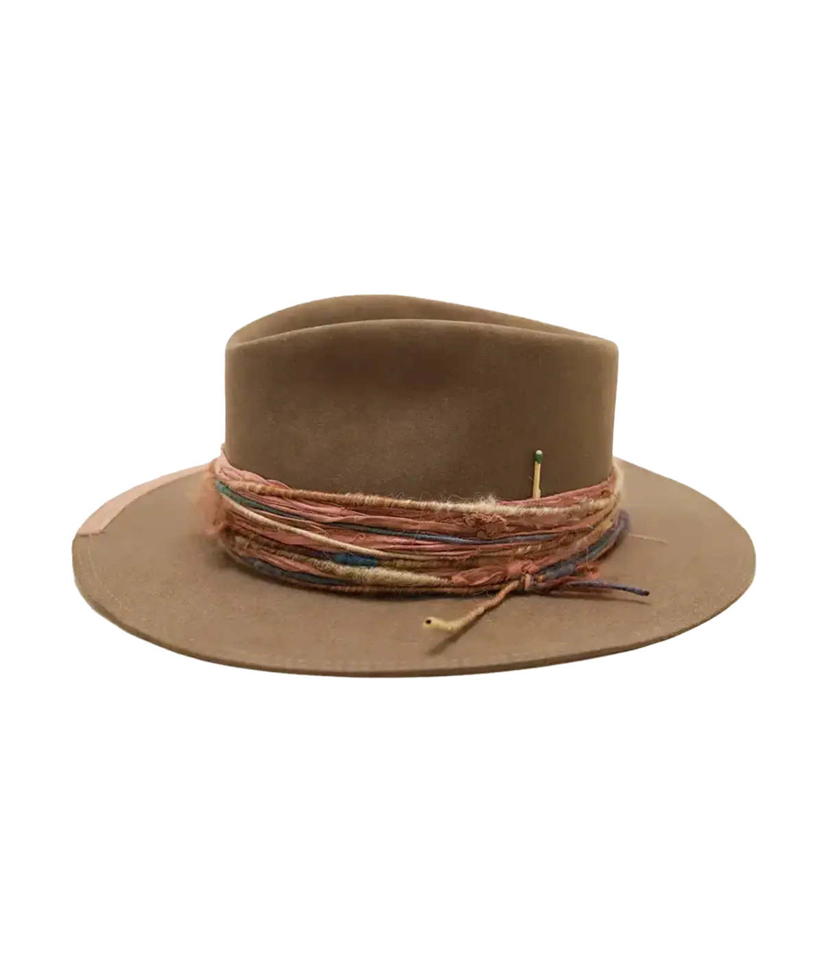 A stand out investment piece hand made in USA, a stylist wide brim felt hat, with 100% natural felt, raw hem and signature match stick. Throw on and go, summer hat, trendy, special, camel colourway. 