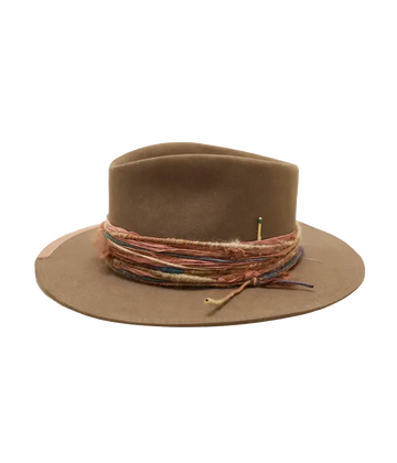 A stand out investment piece hand made in USA, a stylist wide brim felt hat, with 100% natural felt, raw hem and signature match stick. Throw on and go, summer hat, trendy, special, camel colourway. 