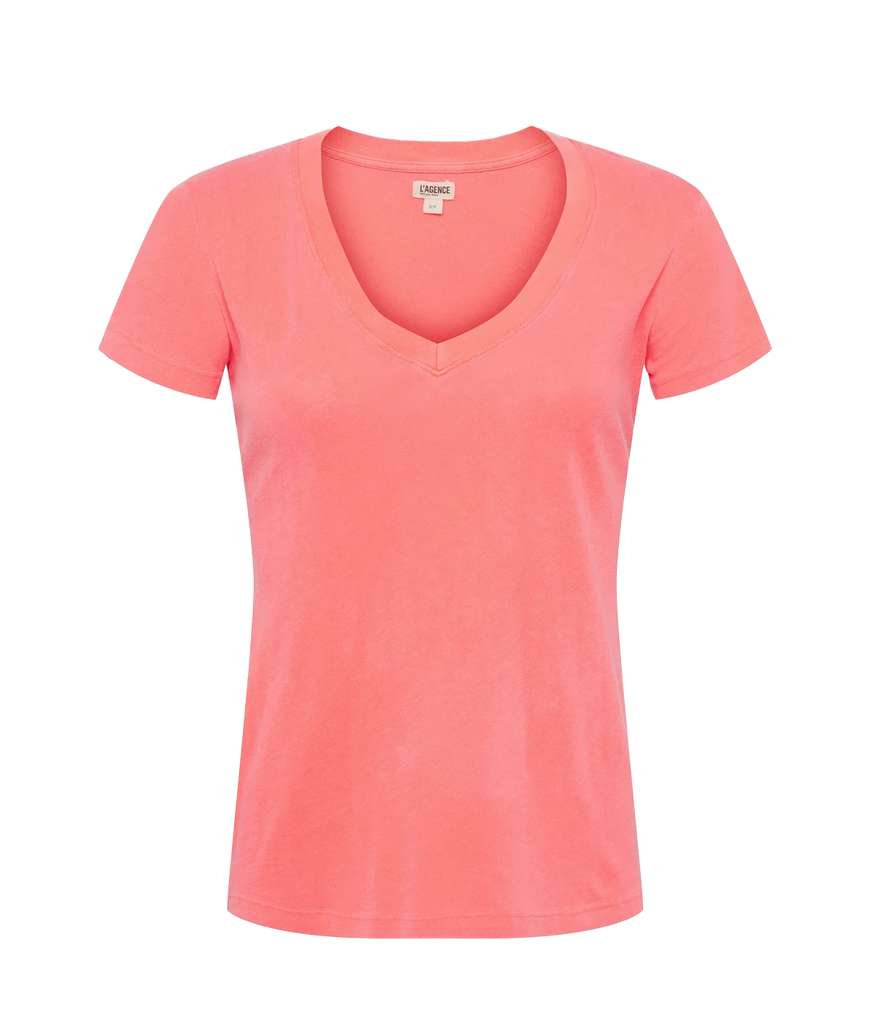 coral pink 100% V neck cotton t-shirt by l'agence. wash & wear and br-freindly