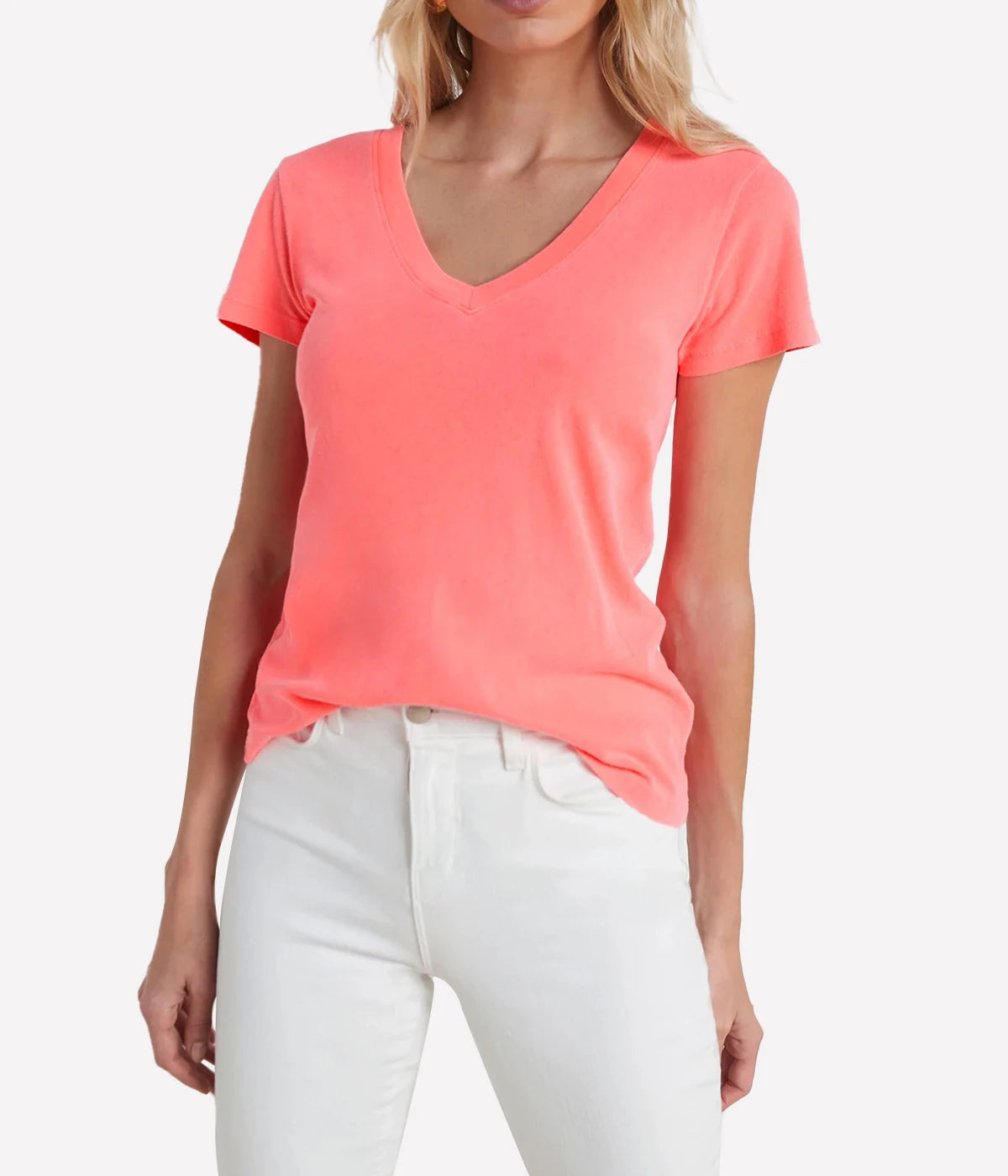 Becca Short Sleeve V Neck T-Shirt in Neon Coral