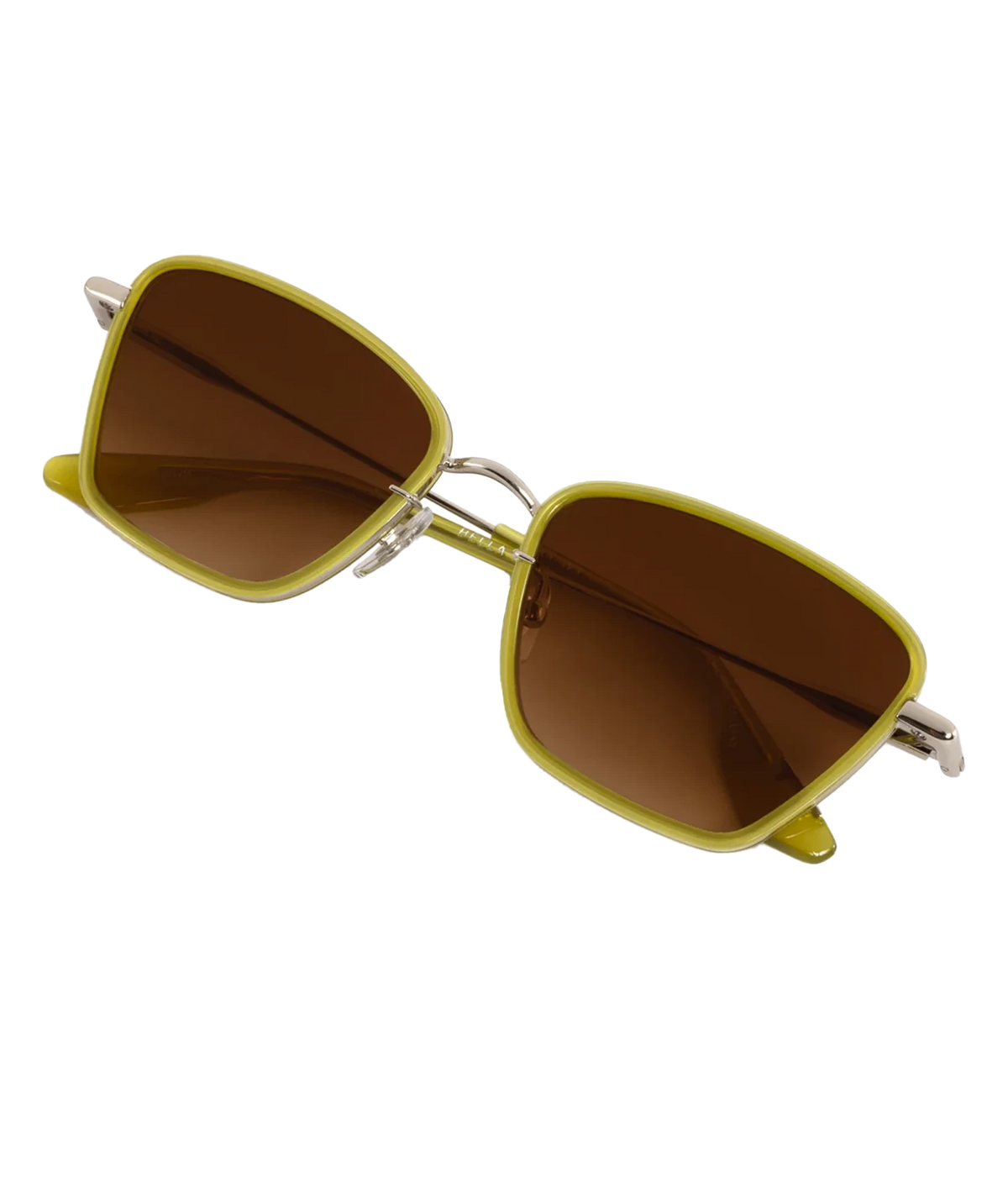 Angled view of the KREWE Bella Sunglasses in Silver Chartreuse, showing the cat-eye frame and gradient lenses