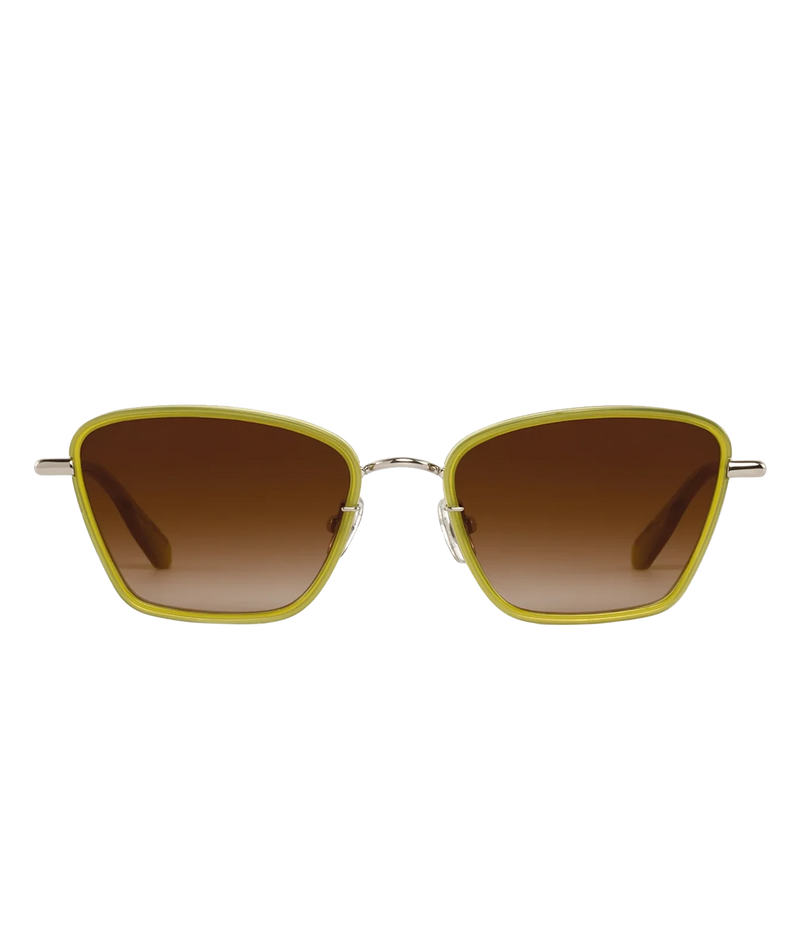 Front view of the KREWE Bella Sunglasses in Silver Chartreuse, showing the chartreuse acetate rims, silver bridge and brown gradient lenses