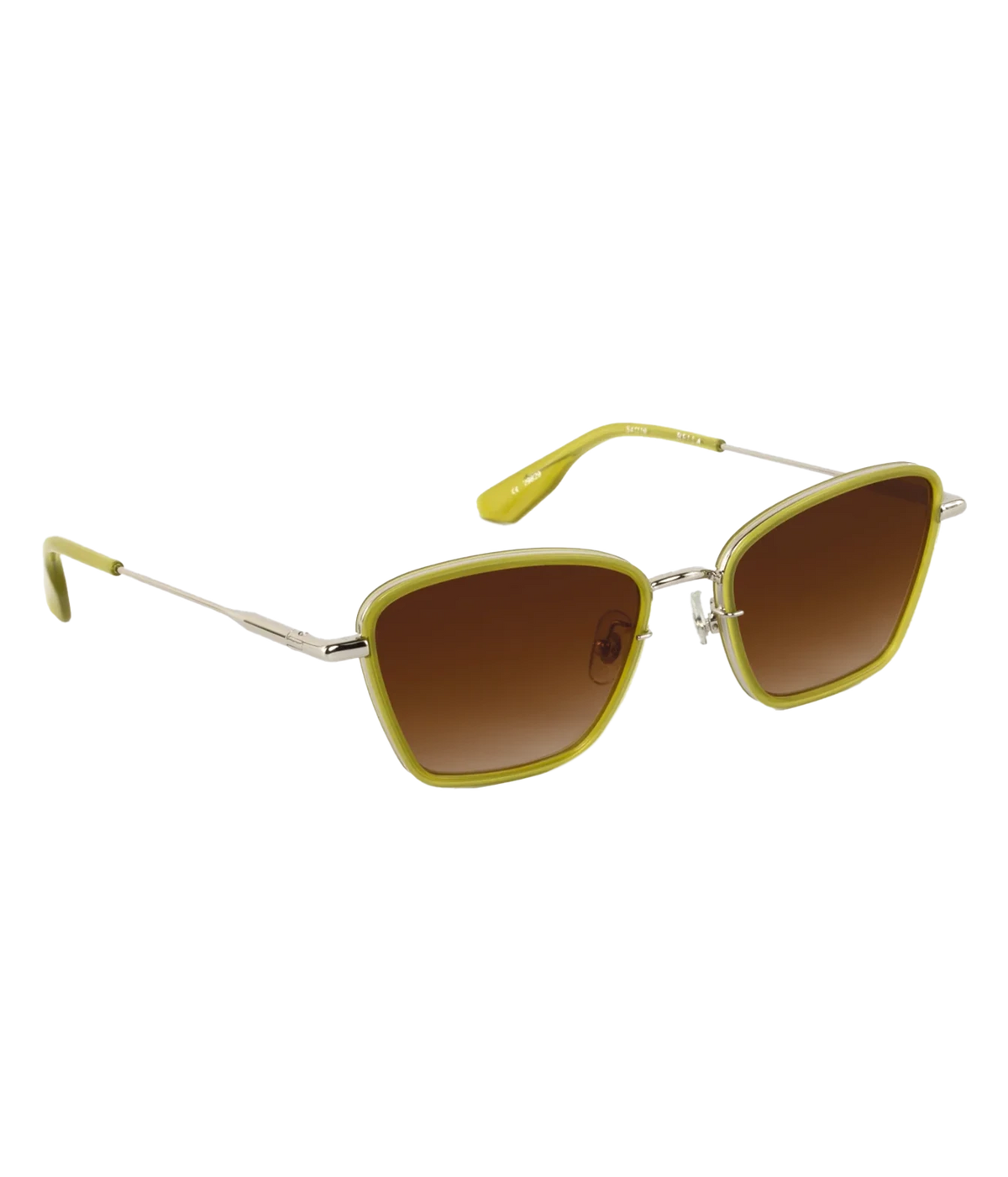 Three-quarter view of the KREWE Bella Sunglasses in Silver Chartreuse, showing the silver temples and chartreuse rims