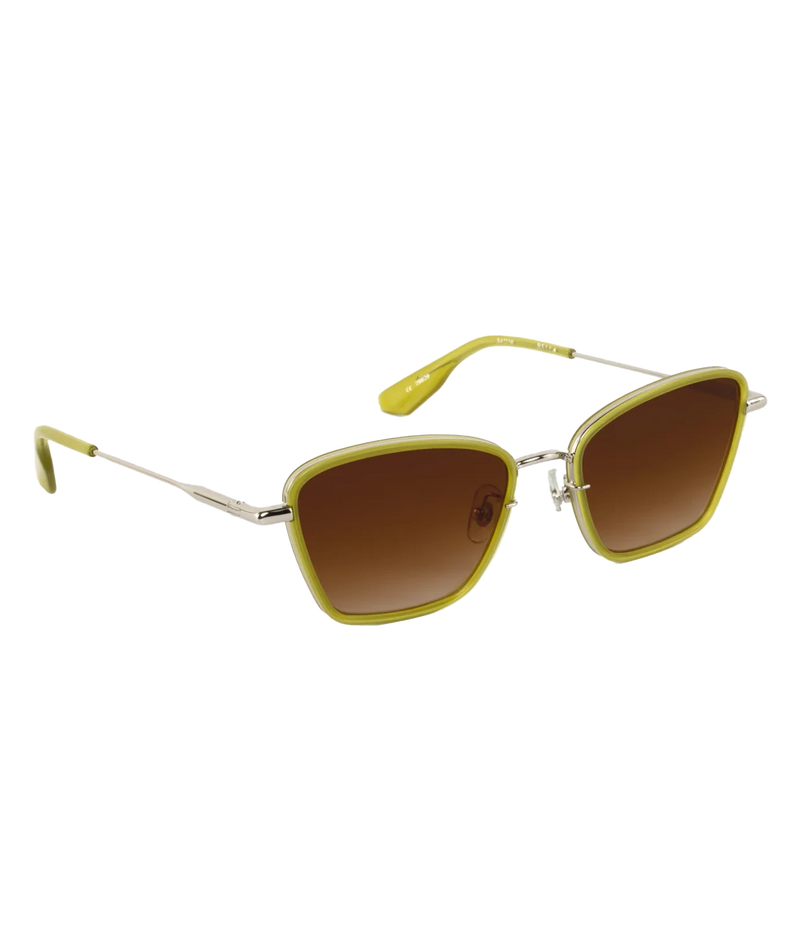 Three-quarter view of the KREWE Bella Sunglasses in Silver Chartreuse, showing the silver temples and chartreuse rims
