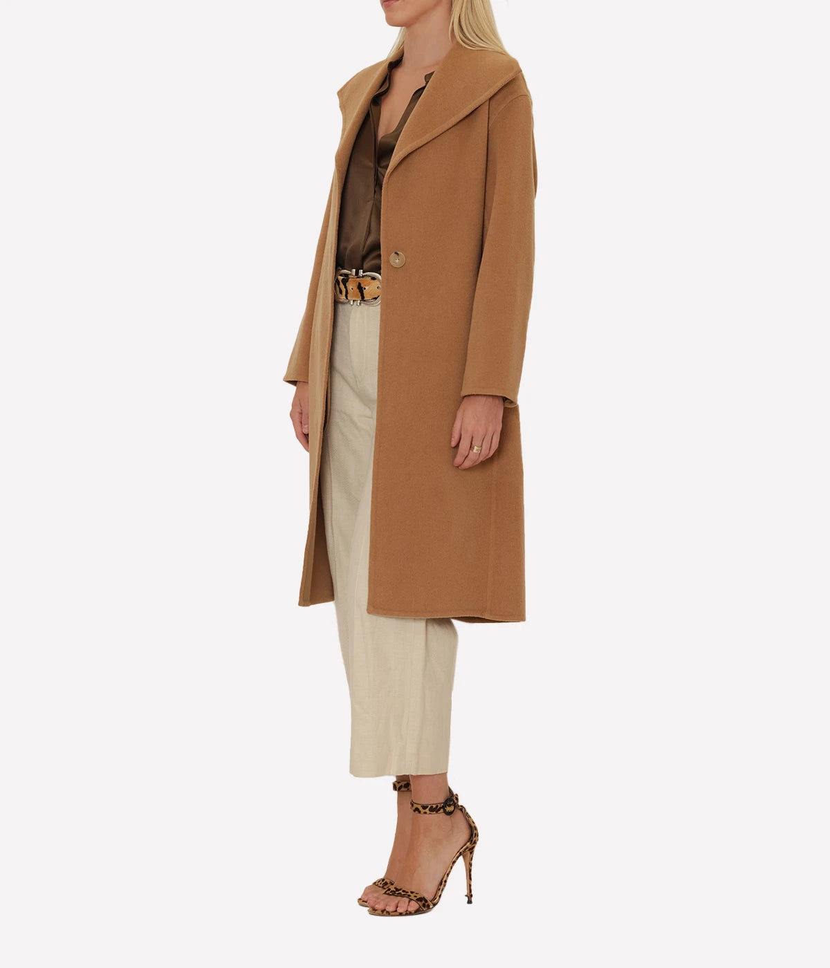 Belted Drape Coat in Almond