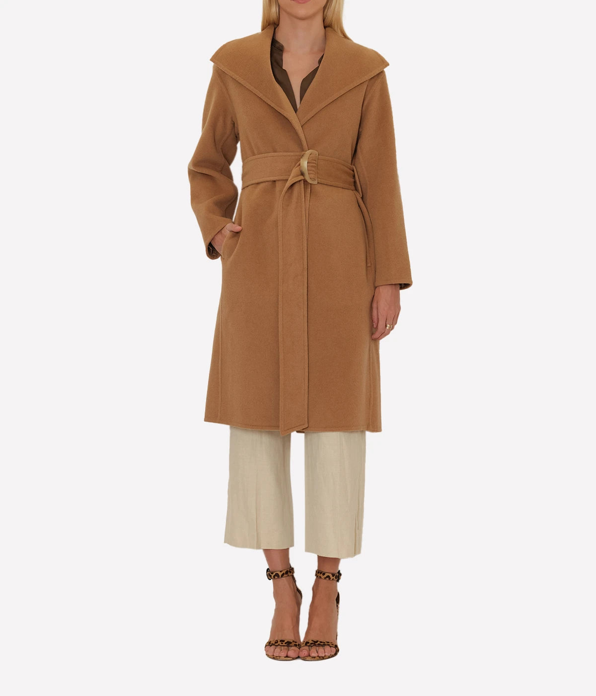 Belted Drape Coat in Almond