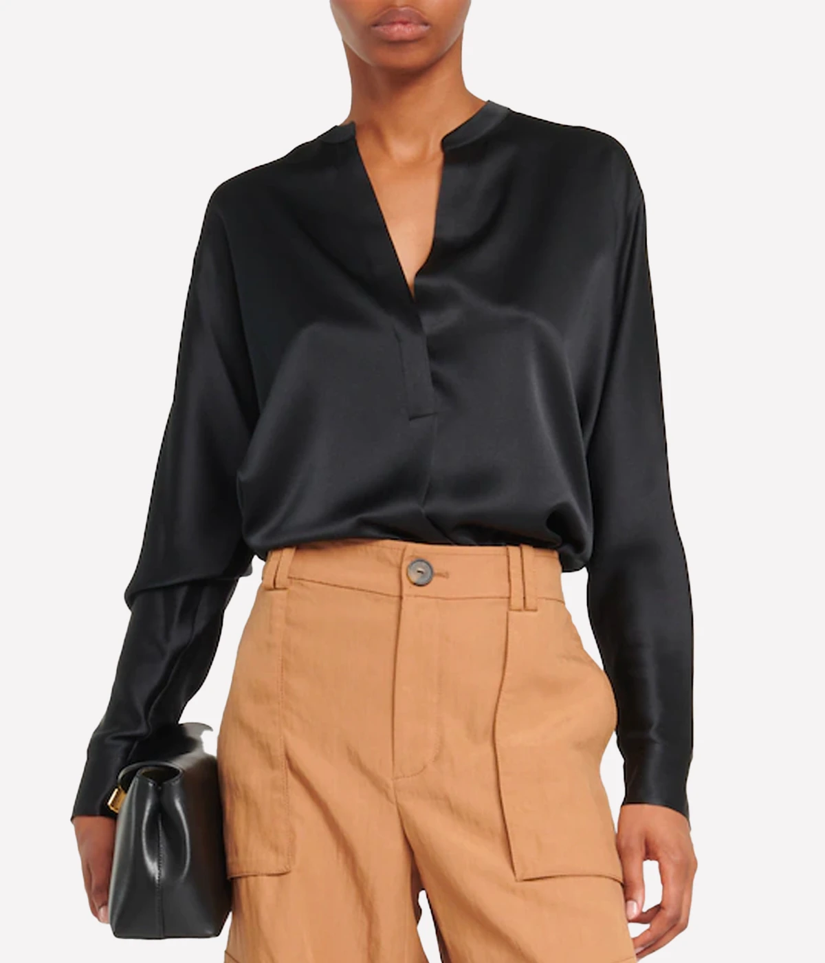 Slim Fitted Band Collar Blouse in Black