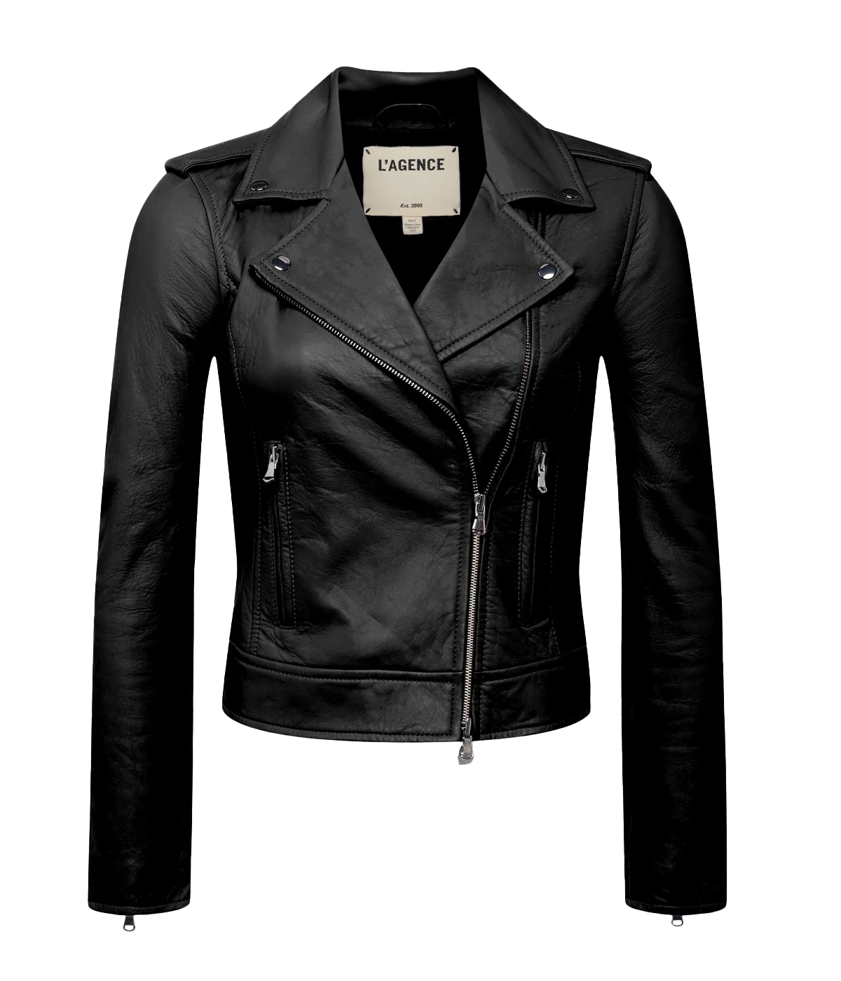 A feminine moto-style leather jacket, silver metal detailing, zipper details on sleeves, fully lined. 100% calf leather, made in USA, everyday leather jacket, 80s inspired. 