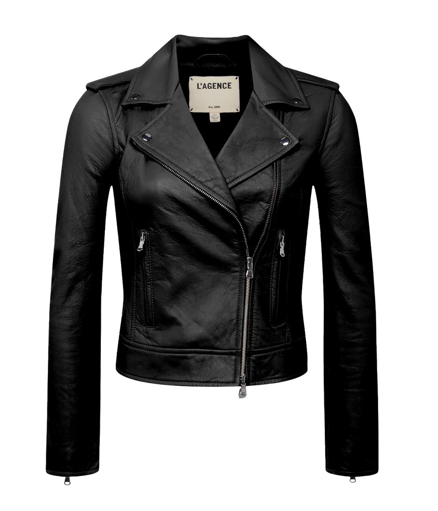 A feminine moto-style leather jacket, silver metal detailing, zipper details on sleeves, fully lined. 100% calf leather, made in USA, everyday leather jacket, 80s inspired. 