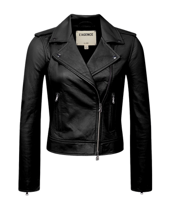 A feminine moto-style leather jacket, silver metal detailing, zipper details on sleeves, fully lined. 100% calf leather, made in USA, everyday leather jacket, 80s inspired. 