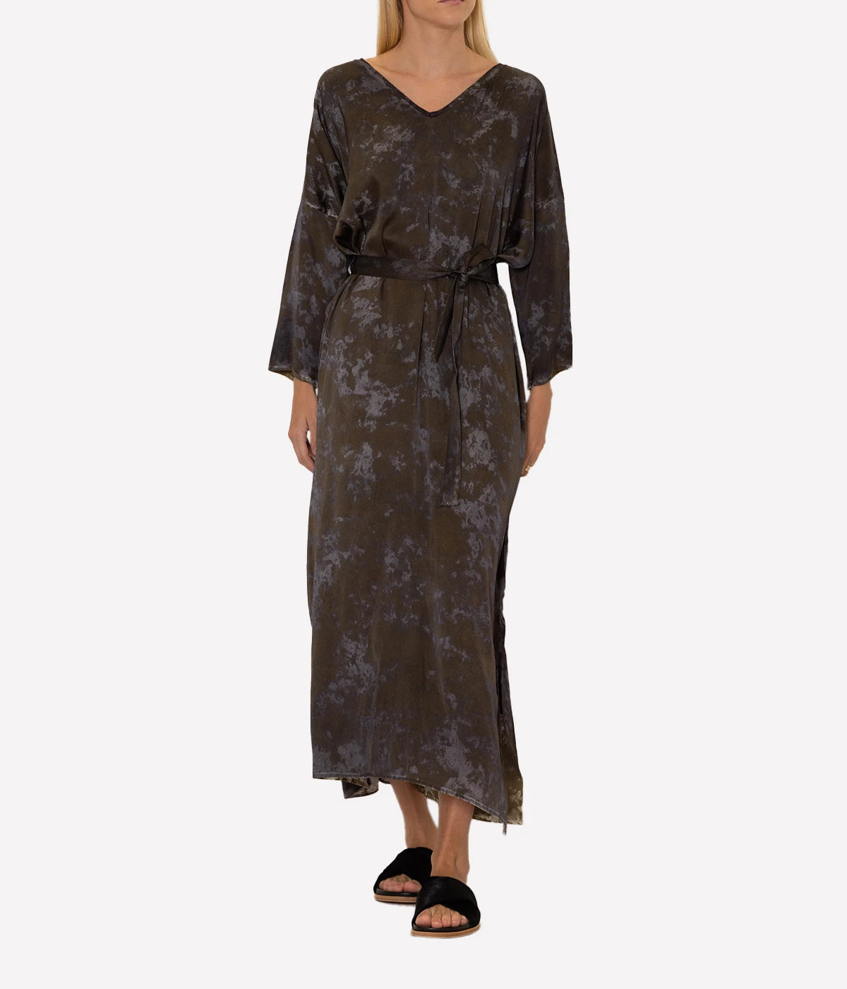 Black Camouflage Silk Dress with Belt in Liquirizia