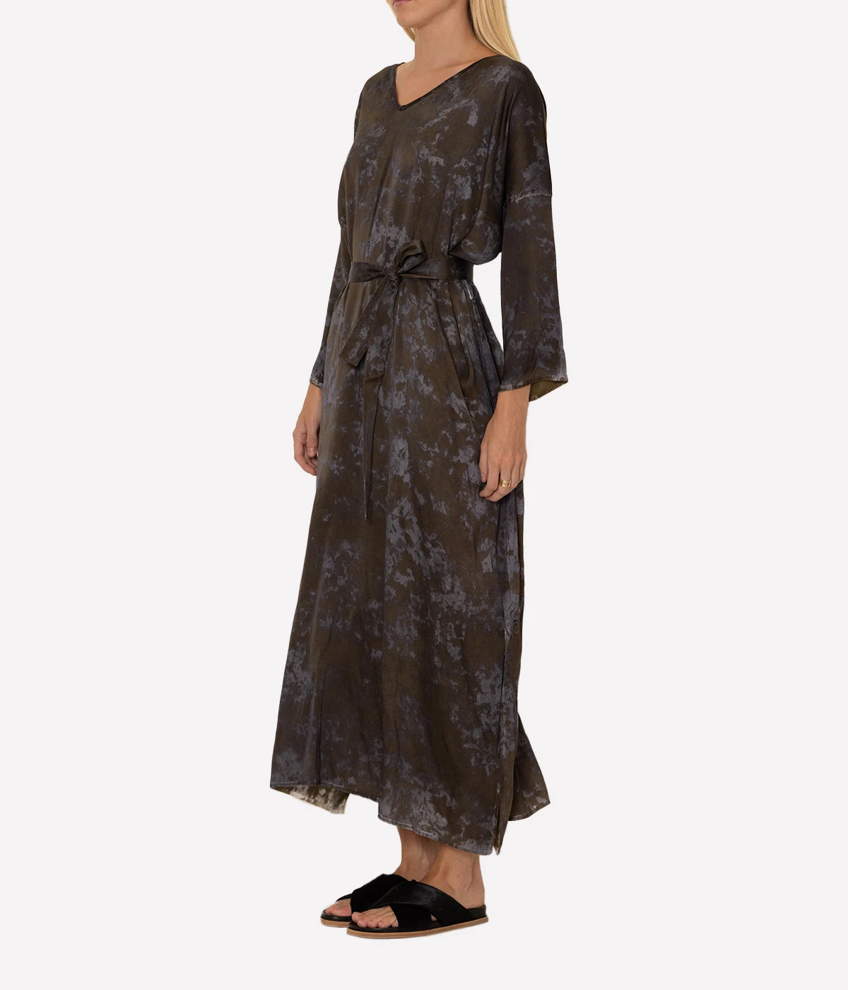 Black Camouflage Silk Dress with Belt in Liquirizia