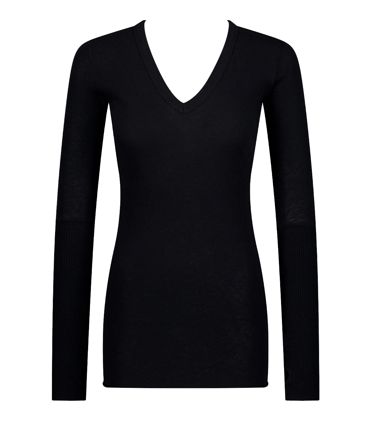 ALT text: Enza Costa Cashmere Long Sleeve Top with v-neck and ribbed cuffs featuring thumbholes