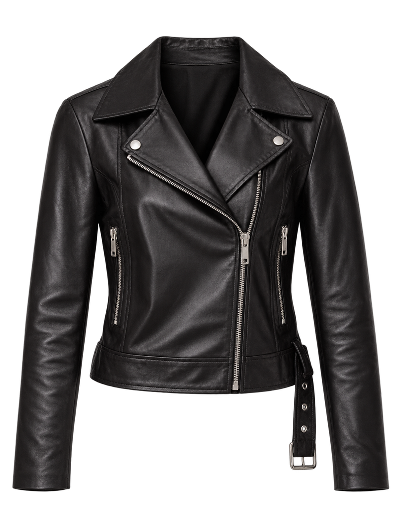 Giorgio Brato Women's Leather Jacket In Nero, front view flat lay