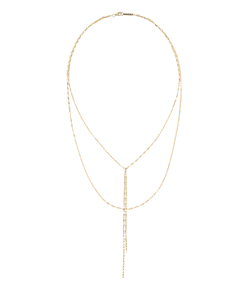 LANA Blake Necklace in Yellow Gold laid flat, showing two layered chain strands with a long lariat drop of elongated links down the centre