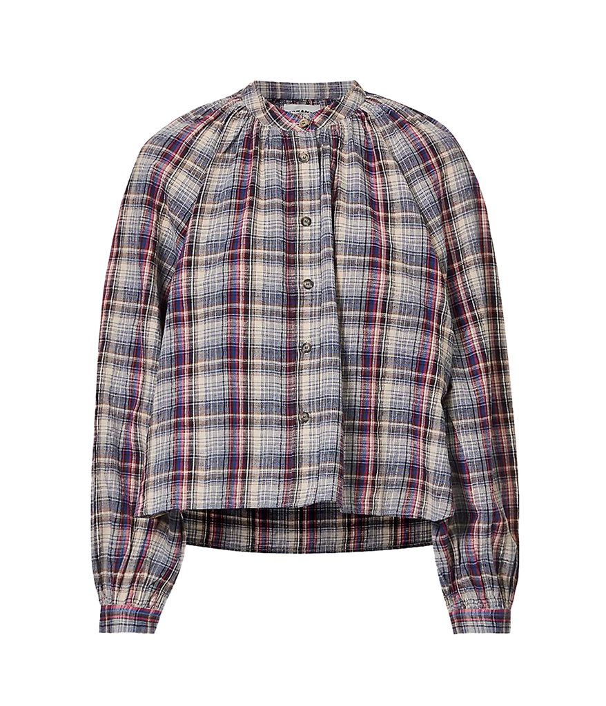 An elevated everyday linen and cotton blend blouse, featuring a puff balloon sleeve, blue checkered print, cropped style and mandarin collar. Everyday elevated basic, bra friendly, long sleeve, made internationally, linen cotton, long lunch. 