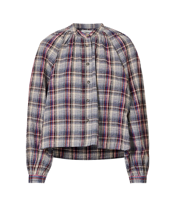 An elevated everyday linen and cotton blend blouse, featuring a puff balloon sleeve, blue checkered print, cropped style and mandarin collar. Everyday elevated basic, bra friendly, long sleeve, made internationally, linen cotton, long lunch. 