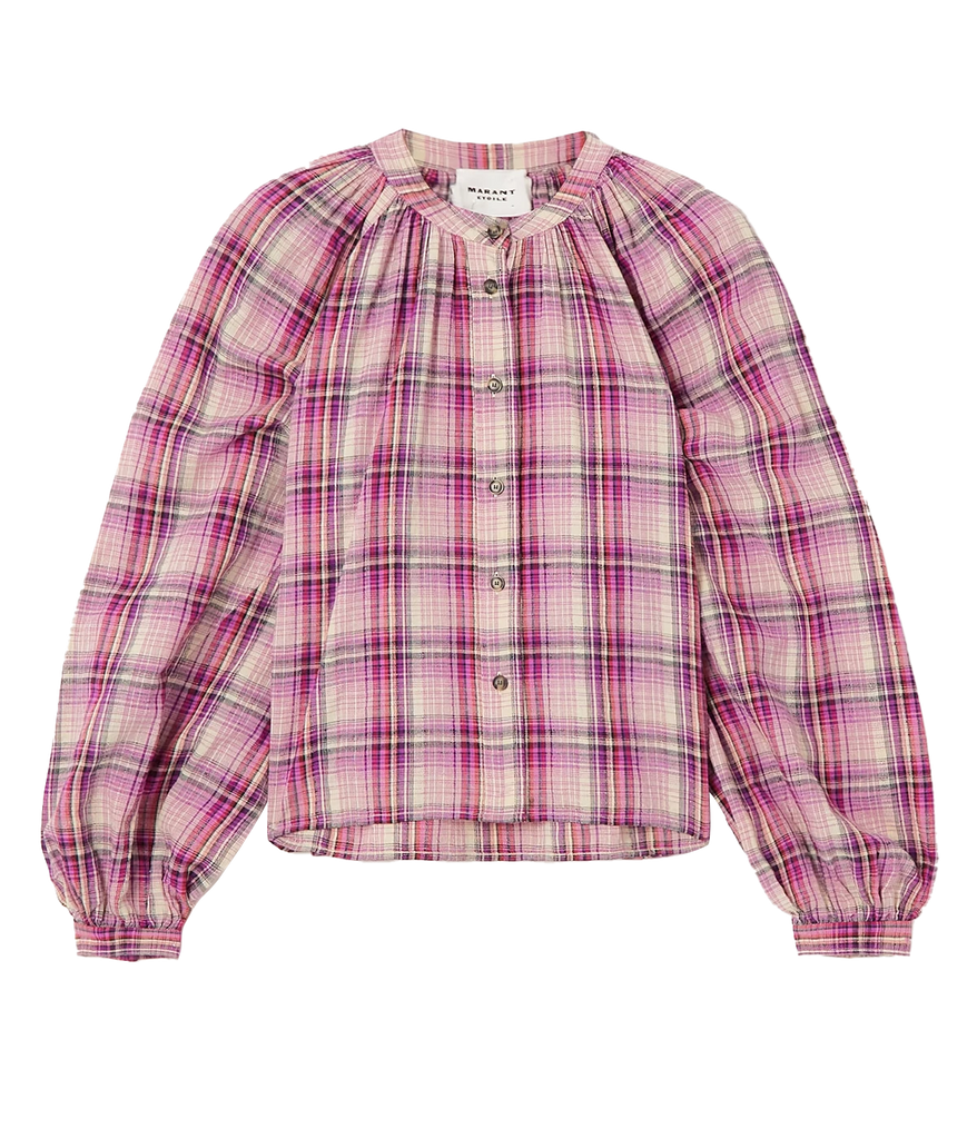 An elevated everyday linen and cotton blend blouse, featuring a puff balloon sleeve, pink checkered print, cropped style and mandarin collar. Everyday elevated basic, bra friendly, long sleeve, made internationally, linen cotton, long lunch. 