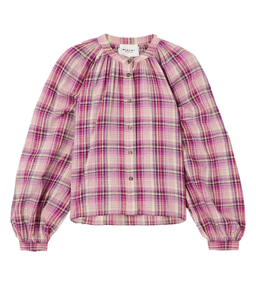 An elevated everyday linen and cotton blend blouse, featuring a puff balloon sleeve, pink checkered print, cropped style and mandarin collar. Everyday elevated basic, bra friendly, long sleeve, made internationally, linen cotton, long lunch. 