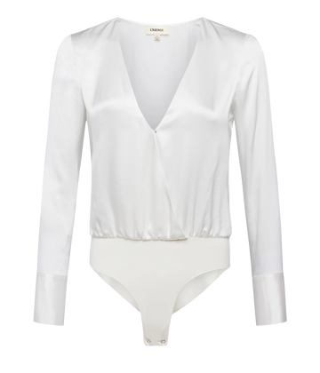 A sexy white plunge neck bodysuit made from luxurious silk material, featuring long sleeves, extended cuffs, button up detailing, and laser cut body suit pantie. Elevated basic, line free look, snap closure, date night top, bra friendly, throw on and go, comfortable, made internationally.   
