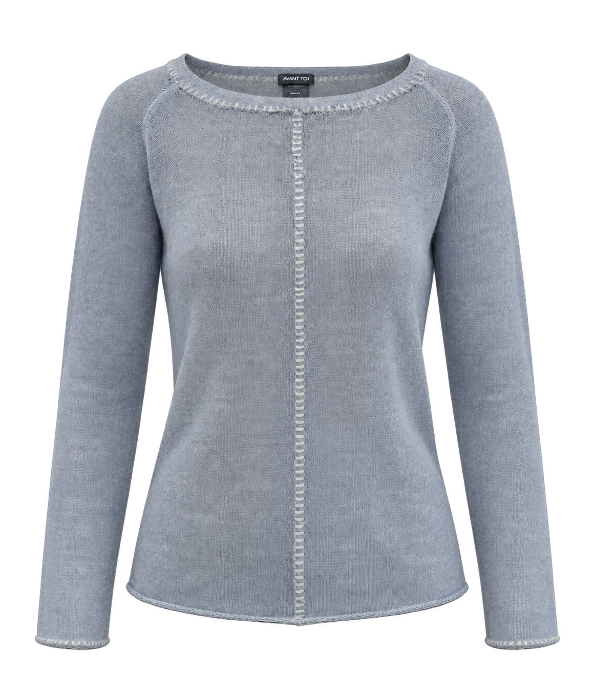 Front product view of Avant Toi Maglia Pullover in Dusty Blue showing the boatneck and contrast stitching
