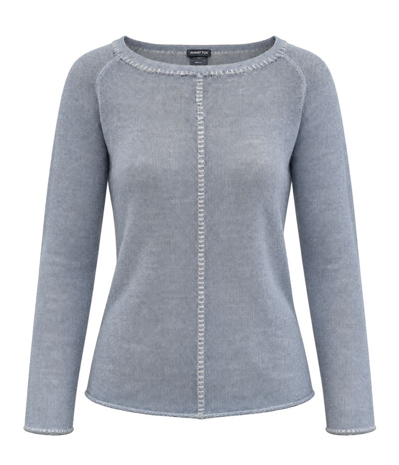 Front product view of Avant Toi Maglia Pullover in Dusty Blue showing the boatneck and contrast stitching