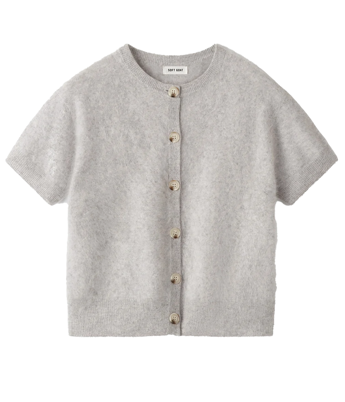 ALT text: Model wears light grey short-sleeved cardigan sweater in brushed cashmere with regular fit and lightweight knit